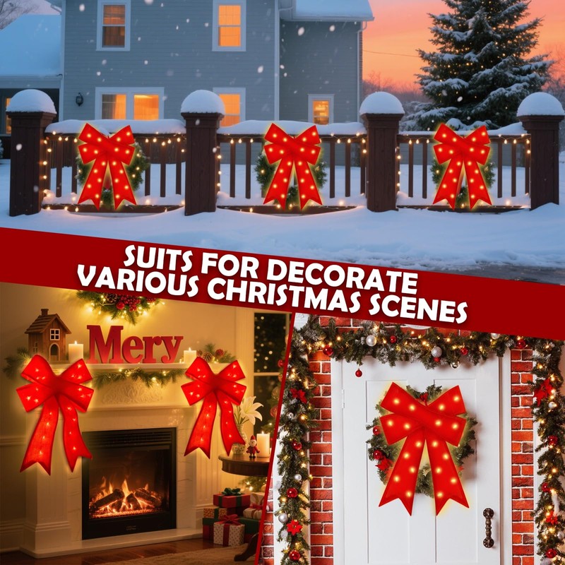 2 Pack 24'' x 14'' Large Prelit Christmas Bows with