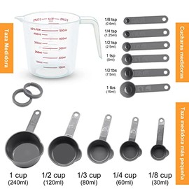 13 PCS Cucharas Medidoras y Tazas Medidoras, con Embudo Plegable (Gris) | Set de Tazas y Cucharas Medidoras con Mangos, Apilables, Herramientas de Medición de Cocina para Medir Líquidos y Condimento