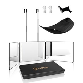 JUSRON 360 Viewing Angle Self Hair Cutting Mirror, Clear Anti-Fog HD Glass (Black with LED with Accessories)