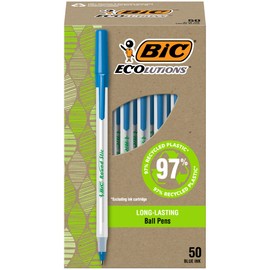 BIC Ecolutions Round Stic Ballpoint Pens, Medium Point (1.0mm), 50-Count Pack, Blue Ink Pens Made from 97% Recycled Plastic
