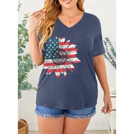 MOUSYA Plus Size Women American Flag Shirt 4th of July Patriotic V Neck T Shirts American Flag Sunflower Graphic Tee Tops