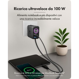 ICY BOX Heart Charge 100 W USB-C GaN Caricatore rapido con display, 2 × USB-C + USB-A Multiport Fast Charger, cavo USB-C retrattile integrato da 70 cm, alimentatore Power Delivery, IB-PS1002