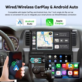 Single Din Flip Out Screen Car Stereo with Wireless Carplay and Android Auto, 7 inch 1 Din Touch Screen Radio Support Bluetooth/SWC/USB/FM + Backup Camera + Mic + Remote Control