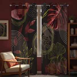 soeeao Boho Dark Brown and Gold Leaf Blackout Curtains, Bohemian Mid Century Modern Chocolate Brown Palm Window Drapes for Bedroom Living Room, 63 inch Length 2 Panels Set, 52x63 inch