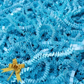 BOXHOME Shred Paper Filler (1LB) Crinkle Cut Paper for Wrapping & Filling Gift Basket Gift Boxes, Light Blue-Decoration Raffia Contains Bow