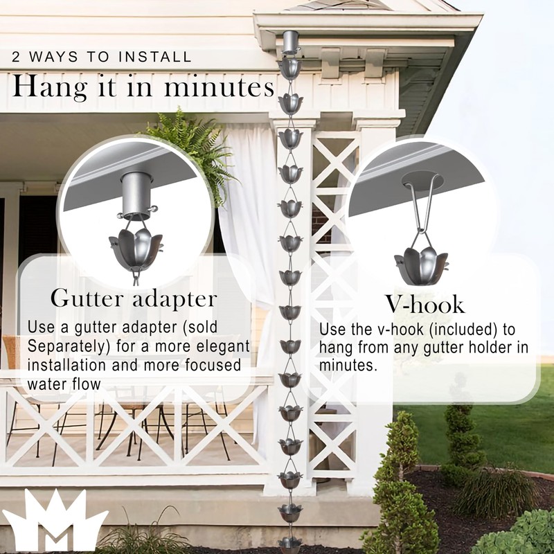 Monarch Rain Chains Aluminum Lotus Pewter Rain Chains for Gutters