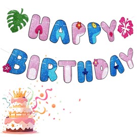 Blue Pink Happy Birthday Banners, Cartoon Theme Birthday Banners for Girls, Pattern with Flowers and Leaves Beautiful and Durable Suitable for Birthdays Party Decorations