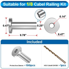 TooTaci 100 Packs T316 Stainless Steel Protector Sleeves Inner Thickened for Metal/Wood Post of 1/8 Cable Railing Kit, Marine Cable Railing Hardware for 1/8 Wire Through No Gap for Railing Decor
