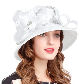 VECRY Womens Church Baptism Wedding Hat Tea Party Derby Dress Hats with Rhinestone (White)