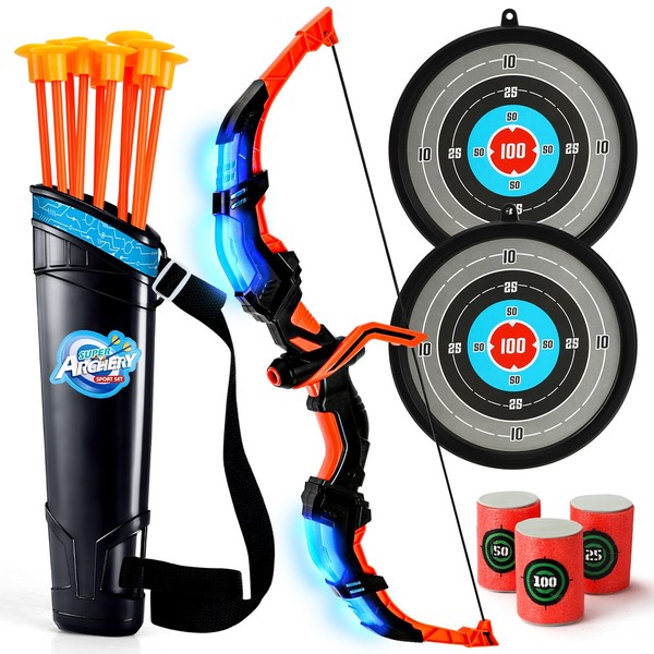 TOY Life Bow and Arrow Toys for Kids 4 6 8 12, Light Up Kids Bow and Arrow Set, Kids Archery Bows Set for Kids with 2 Targets, Toy Gift for 5 Year Old Boys, Kids Toys Boys, Outdoor Toy Games for Kids