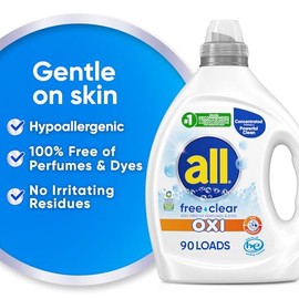 all Liquid Laundry Detergent, Free Clear for Sensitive Skin with OXI, Unscented and Hypoallergenic, 2X Concentrated, 90 Loads