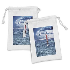 Ambesonne Ride the Wave Fabric Pouch Set of 2, Windsurfer in the Sea Exotic Adventure Happy Summer Beach Challenge Picture, Small Drawstring Bag for Toiletries Masks and Favors, 9" x 6", Night Blue