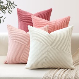 Set of 4 Decorative Throw Pillow Covers Soft Corduroy Boho Farmhouse Square Pillowcases Mix and Match Home Decor for Sofa Couch Bedroom Living Room 16x16 Inch, Cream White Pink