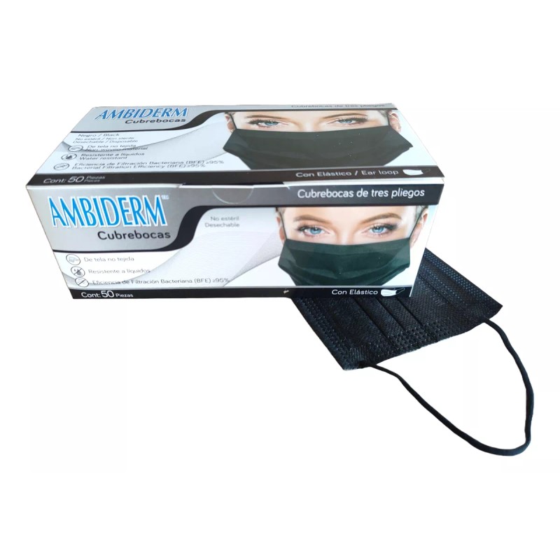 Ambiderm Cubre Bocas Tres Pliegos Ambiderm Negro Termosellado 150pz