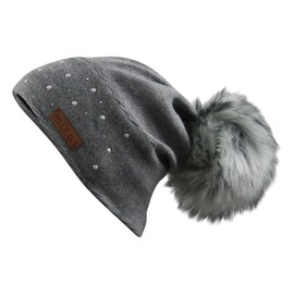 Annette Women's Winter Hat Dark Grey with Pearls Handmade Pompom Hat, darkgray