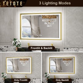 TETOTE Gold LED Mirror for Bathroom 20x28 Metal Frame Frontlit & Backlit Lighted Vanity Mirror Baroque Anti Fog Stepless Dimmable White/Warm/Natural,CRI90+,Wall Mounted(Horizontal/Vertical)