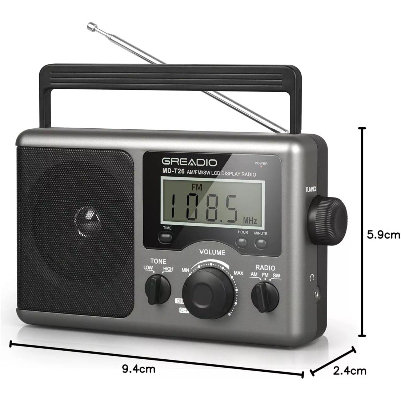 Greadio Portable Am Fm Radio With Lcd Display Long Antenna