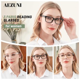 AEZUNI Large Frame Reading Glasses 1.0 Women 3 Pairs Cute Stylish Readers Spring Hinge 100 150 200 250 300 350 400 500 600 (Black+Green+Clear)