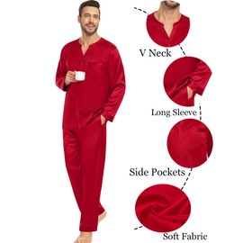 SWOMOG Matching Couple Pajamas Set Family Satin Silk Pjs Button Loungewear Men and Women Long Sleeve Sleepwear Red