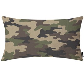 EKOBLA Camouflage Pattern Rectangle Pillow Covers Military Combat Woodland Green Black Lumbar Pillow Cases for Outdoor Square Couch Chair Cushion Cover Cotton Linen 12x20 Inches