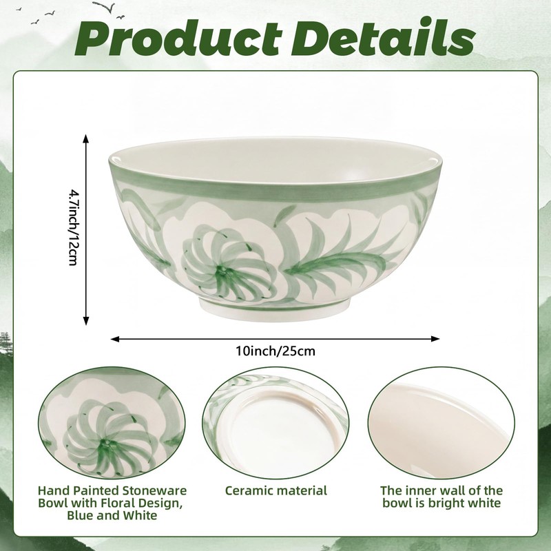 Green and White Chinoiserie Pasta Bowl 10 X 10 X