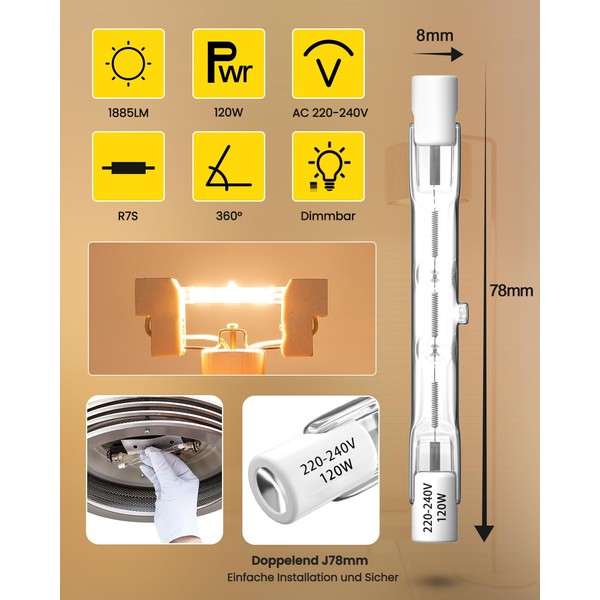 Klarlight Klarlight 120W R7s Halogen Leuchtmittel 78mm, Halogenlampen Dimmbar Warmwei?