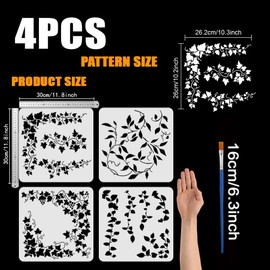 FINGERINSPIRE 4PCS Ivy Vines Stencils 30x30cm with Bamboo Brush Reusable Ivy Leaves Templates Large Vines Leaf Pattern Border Stencils Plant Theme Templates for Home Wall Furniture Decoration