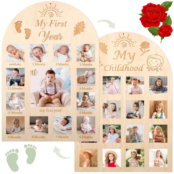 COWVTUJ 2 in 1 My First Year Photo Frame Wood Board 12 Months Baby Picture Display, Both Side to Stick Photo, Kids Childhood Milestone Frame for Photo Memories, Birthday Party Nursery Decorations