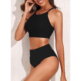 Vozobi Women's Bikini Sets High Neck Crop Top High Waisted Two Pieces Swimsuits Tummy Control Tankini Bathing Suits Black