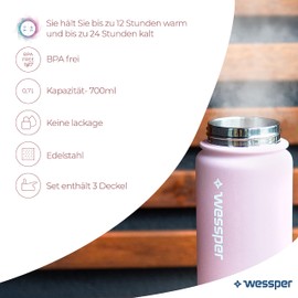 Wessper Stainless Steel Water Bottle, 700 ml, BPA-Free Water Bottle with 3 Lids for Water, Coffee and Tea, Leak-Proof Thermal Bottle for Sports, Gym, Hiking, Bike, Office