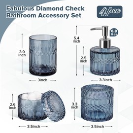 RACOBOT Blue Bathroom Accessories 4Pcs, Diamond Glass Bathroom Accessory Set, Bathroom Set with Soap Dispenser, Blue Bathroom Decor with Toothbrush Holder, Qtip Holder for Bathroom, Countertop