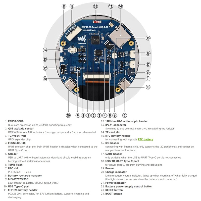 Waveshare ESP32-S3 2.8inch Capacitive Touch Round Display Development Board, 480×480,