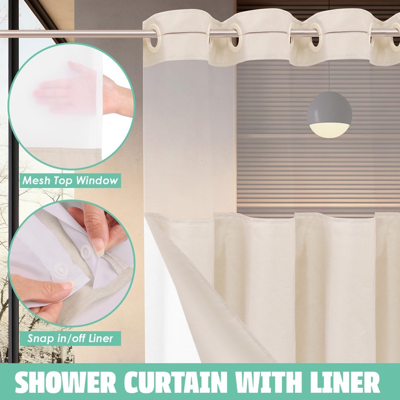 Eazzier Bath No Hook Linen Shower Curtain with Snap in