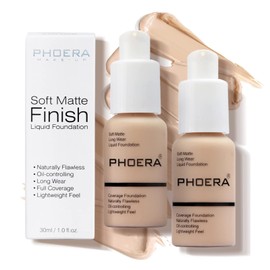 Phoera Foundation, Full Coverage Foundation, Concealer Liquid Foundation, Full Coverage Flawless Cream, Smooth, Long-Lasting, 30 ml, 24HR Matte Oil Control Concealer Make-Up (Pack of 2, 102)