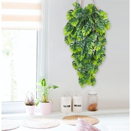 Artificial Hanging Plants 2 Pack, Fake Hanging Monstera Leaves Ivy Vine Faux Greenery Tropical Palm Leaves Outdoor Hanging Plants UV Resistant Jungle Leaf Plant for Garden Home Hawaiian Party Décor