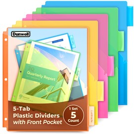 Dunwell Plastic Binder Dividers with Front Pocket (5 Tab), Clear Slash Single Pocket Divider with Tabs, 3 Ring Binder Pockets with Index Tab, Acid-Free, Notebook Dividers Include Label Inserts