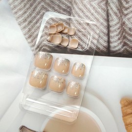 24pcs Press on Toenails Natural Nude-Pink Gradient Fake Toenails Minimalist Explosive Flash Style Full Cover Acrylic Toenails Gentle Cute Summer Wearing False Toenails for Women Girls