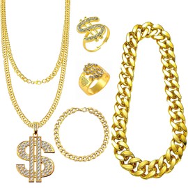 atnayo 5 Pcs 80s 90s Fancy Dress Set, Retro Accessories with Dollar Necklace Ring Bracelet Wide Ring Gold Chain for Hip Hop Disco Themed Party