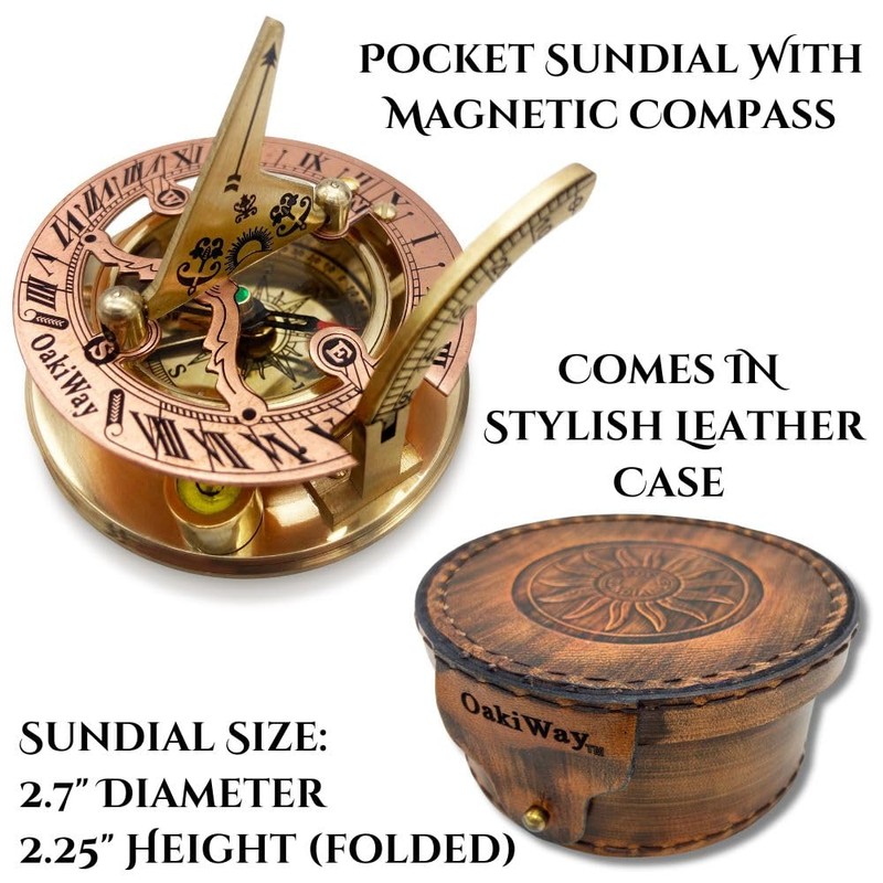 Brass Sundial Compass in Leather Case - Nautical Gifts for