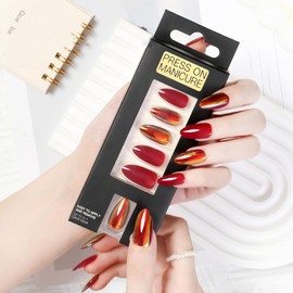 Red Press on Nails Medium Almond Fake Nails Chrome Stick on Nails Glossy Sparkly Full Cover Acrylic Nails Artificial Reusable Wine Red False Nails Aurora Glue on Nails for Women Girls Manicure 24pcs