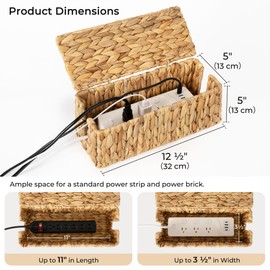 StorageWorks Cable Management Box, 2 Slots Wicker Cable Organizer with Lid, Water Hyacinth Cord Hider Box for Home & Office