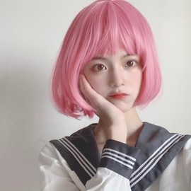 Short Bob Straight Wig with Bangs for Women Straight Bob Synthetic Cosplay Wig Bob for Girl Colorful Costume Wigs (Pink, One size)