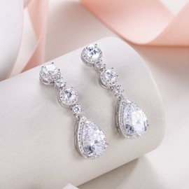 EVER FAITH® 925 Sterling Silver Bling Prong CZ Teardrop Bride Engagement Earrings N06427-1