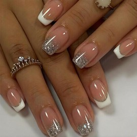 French Tips Press on Nails Short Square Silver Fake Nails with Glitter Foils Designs White Silver Nails Press ons Natural Fingernail Gel Acrylic Glue on Nail Reusable Stick on Nails for Women 24Pcs