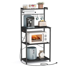 VASAGLE Kitchen Bakers Rack with Power Outlet, Coffee Bar 4-Tier with 8 S Hooks, Microwave Stand, Adjustable Shelf, for Small Spaces, Charcoal Gray and Ink Black UKKS014B01V1