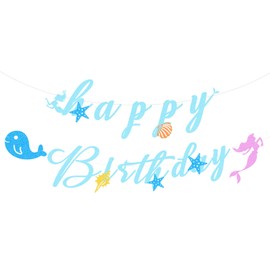Little Mermaid Birthday Decorations, Glitter Paper Mermaid Birthday Banner Flag, Mermaid Birthday Party Supplies for Boys, Girls, Kids Baby Shower, Mermaid Birthday Banner for Party Themed Events