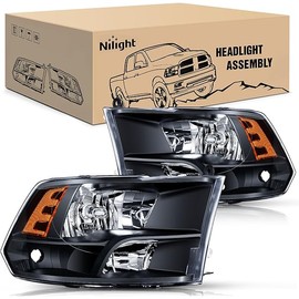 Nilight Headlight Assembly 2009 2010 2011 2012 2013 2014 2015 2016 2017 2018 Ram 1500 2500 3500 Pickup Quad Headlamp Assembly Replacement Black Housing Amber Corner Clear Lens,(Only for Quad Models)