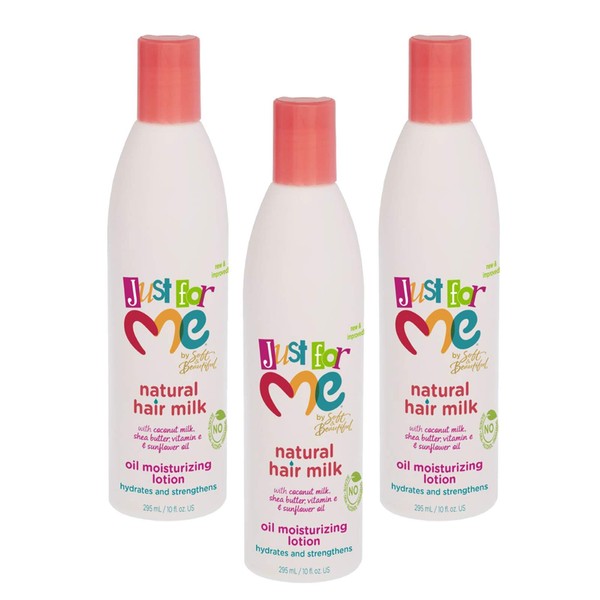 Just For Me Natural Hair Milk Lotion - Hydrates & Strengthens, Contains Coconut Milk, Shea Butter, Vitamin E, Sunflower Oil, Lightweight Moisture, Reduces Frizz, 10 oz (3 Pack)