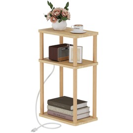 LUCKNOCK Solid Wood Side Table with Charging Station, 3-Tier Small End Table with USB Ports and Outlets, Narrow Couch Side Table, Skinny Nightstand Bedside Table for Small Spaces, Bedroom, Living Room