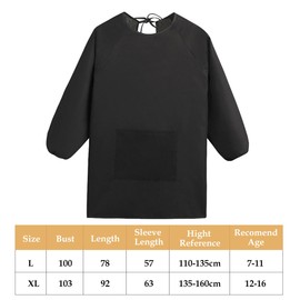 Augesak Children's Painting Apron Craft Apron with Sleeves and Pockets, Children's Apron School Boys Girls for Crafts Painting Baking Cooking, 7-11/12-16 Years, black